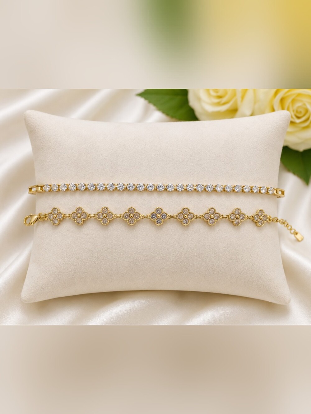 Silver-Tone Tennis & Clover Bracelet Set | Crystal Accent | 7" & 8"